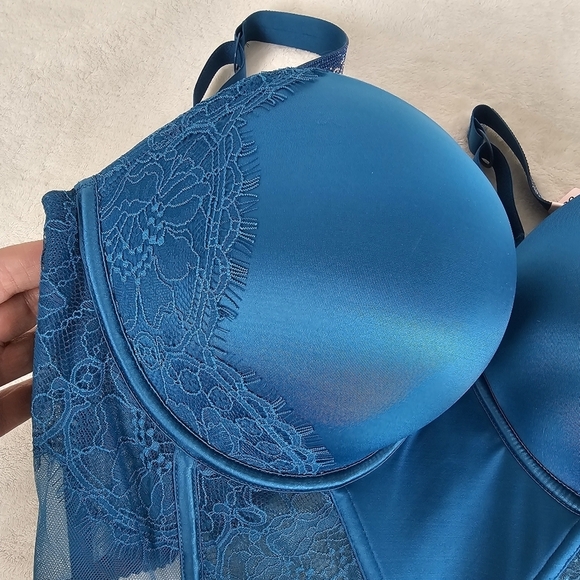 Victoria Secret Teal Lace Corset Bustier Push-Up Bra 38DD Very Sexy Shine Strap - Picture 7 of 14